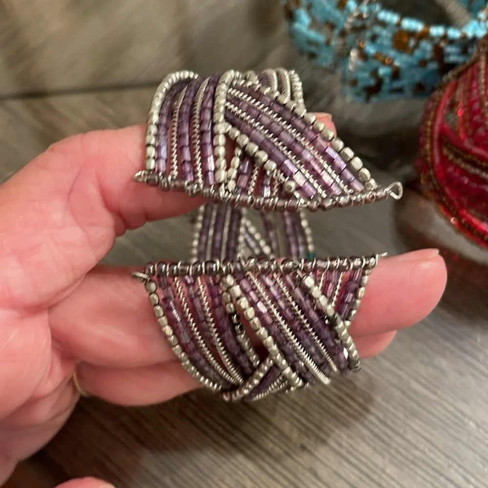 Vintage Style Seed Bead braided Memory Wire  Bracelets  Red, Purple, Blue